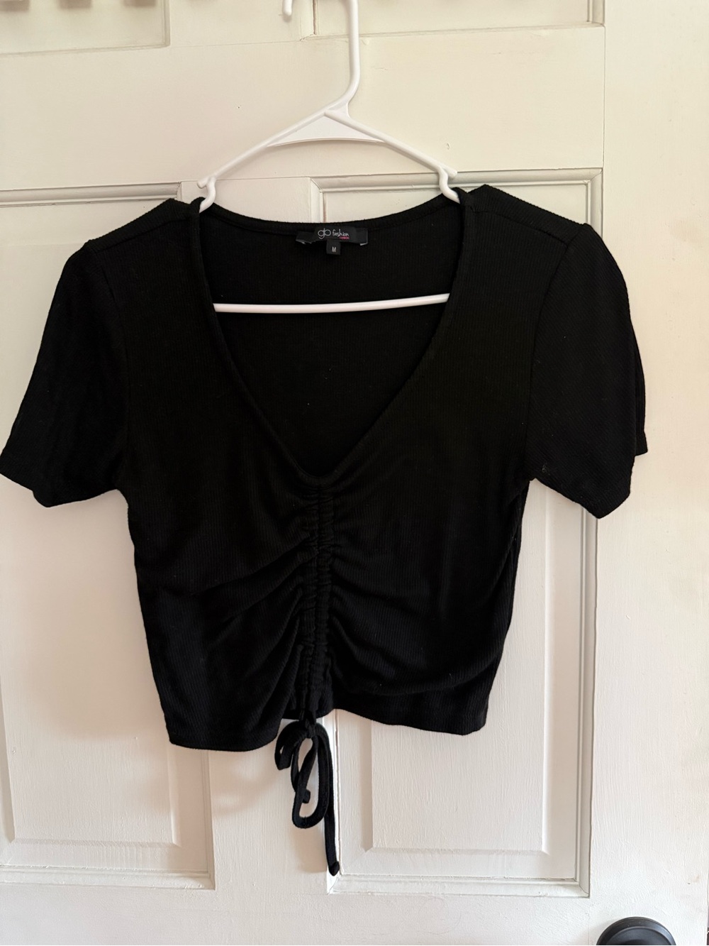 Ruched V-Neck Drawstring Crop Top - Black